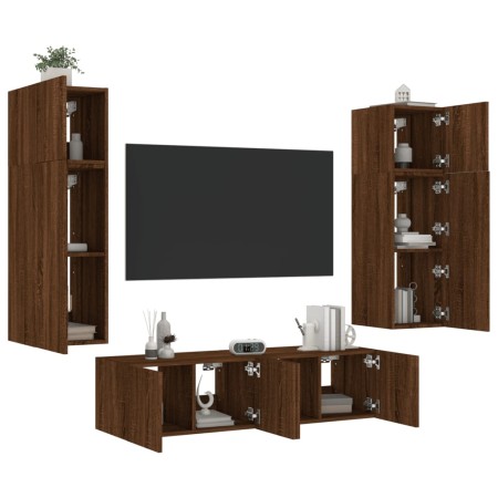 Muebles TV pared con LED 6 pzas madera ingeniería marrón roble de , Muebles TV - Ref: Foro24-3216838, Precio: 232,74 €, Descu...