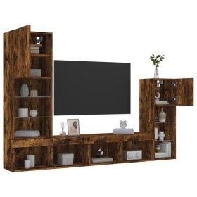 TV wall furniture with LED 4 pieces engineered wood smoked oak by , TV Furniture - Ref: Foro24-3216651, Price: 181,99 €, Disc...