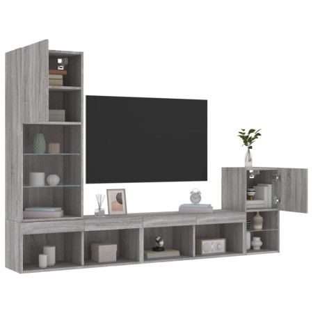 Muebles TV pared con LED 4 pzas madera ingeniería gris Sonoma de , Muebles TV - Ref: Foro24-3216666, Precio: 173,41 €, Descue...