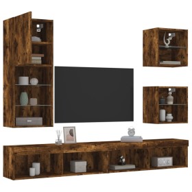 TV wall furniture with LED 5 pieces engineered wood smoked oak by , TV Furniture - Ref: Foro24-3216679, Price: 196,99 €, Disc...