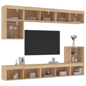 TV wall furniture with LED 8 pieces engineered wood Sonoma oak by , TV Furniture - Ref: Foro24-3216670, Price: 239,62 €, Disc...