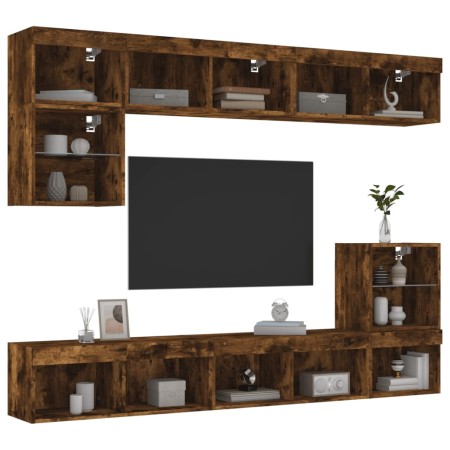 TV wall furniture with LED 8 pieces engineered wood smoked oak by , TV Furniture - Ref: Foro24-3216672, Price: 235,83 €, Disc...