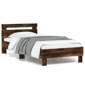 Bed frame headboard LED lights smoked oak 90x190 cm by , Beds and slatted bases - Ref: Foro24-838747, Price: 84,80 €, Discoun...