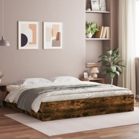 Smoked oak engineered wood bed with drawers 200x200 cm by , Beds and slatted bases - Ref: Foro24-3207249, Price: 220,11 €, Di...