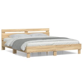 Sonoma oak engineered wood bed with headboard 160x200 cm by , Beds and slatted bases - Ref: Foro24-3207408, Price: 143,31 €, ...