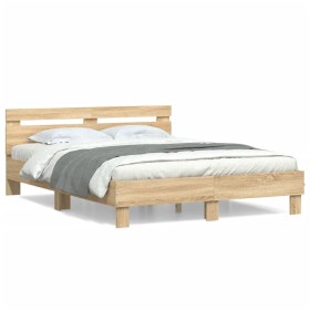 Sonoma oak engineered wood bed with headboard 140x190 cm by , Beds and slatted bases - Ref: Foro24-3207436, Price: 153,99 €, ...