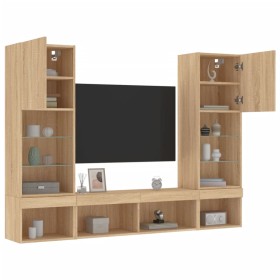 TV wall furniture with LED 5 pieces engineered wood Sonoma oak by , TV Furniture - Ref: Foro24-3216692, Price: 224,23 €, Disc...