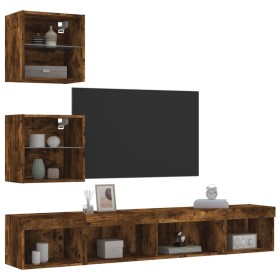 TV wall furniture with LED 5 pieces engineered wood smoked oak by , TV Furniture - Ref: Foro24-3216701, Price: 140,99 €, Disc...