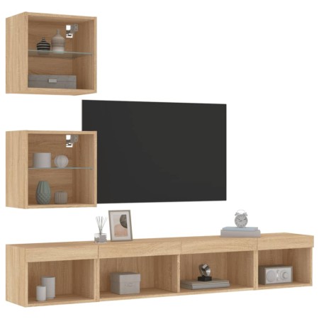 TV wall furniture with LED 5 pieces engineered wood Sonoma oak by , TV Furniture - Ref: Foro24-3216699, Price: 142,99 €, Disc...