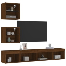 TV wall furniture with LED 5 pieces oak brown engineered wood by , TV Furniture - Ref: Foro24-3216703, Price: 152,99 €, Disco...