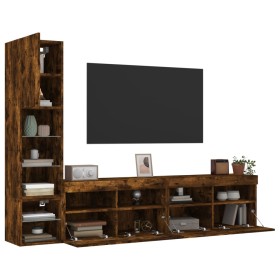 TV wall furniture with LED 4 pieces engineered wood smoked oak by , TV Furniture - Ref: Foro24-3216715, Price: 169,64 €, Disc...