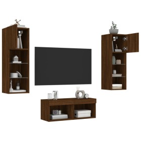 Wall TV cabinets with LED lights 4 pieces oak brown by , TV Furniture - Ref: Foro24-3216582, Price: 138,16 €, Discount: %