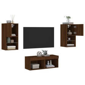 Muebles de TV de pared con luces LED 4 piezas marrón roble de , Muebles TV - Ref: Foro24-3216575, Precio: 123,99 €, Descuento: %