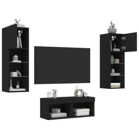 Wall TV cabinets with LED lights 4 pieces black by , TV Furniture - Ref: Foro24-3216577, Price: 140,99 €, Discount: %