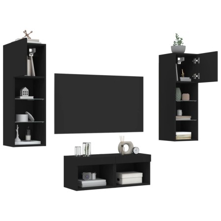 Muebles de TV de pared con luces LED 4 piezas negro de , Muebles TV - Ref: Foro24-3216577, Precio: 151,69 €, Descuento: %