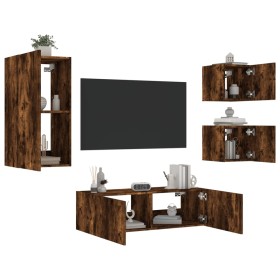 Wall TV cabinets with LED lights 4 pieces smoked oak by , TV Furniture - Ref: Foro24-3216885, Price: 161,33 €, Discount: %