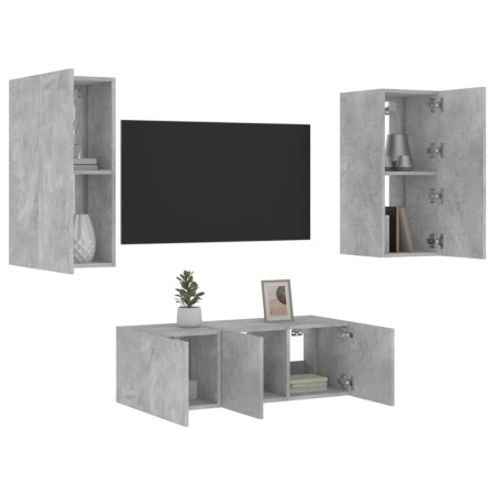 Muebles TV pared con LED 4 pzas madera ingeniería gris hormigón de , Muebles TV - Ref: Foro24-3216807, Precio: 174,17 €, Desc...