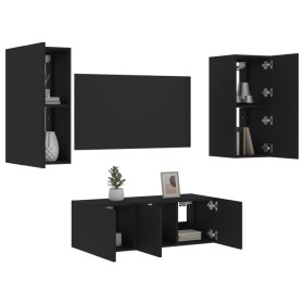 Wall TV cabinets with LED 4 pieces black engineered wood by , TV Furniture - Ref: Foro24-3216805, Price: 164,26 €, Discount: %