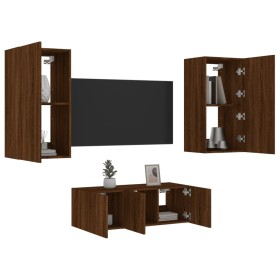 TV wall furniture with LED 4 pieces oak brown engineered wood by , TV Furniture - Ref: Foro24-3216824, Price: 190,99 €, Disco...