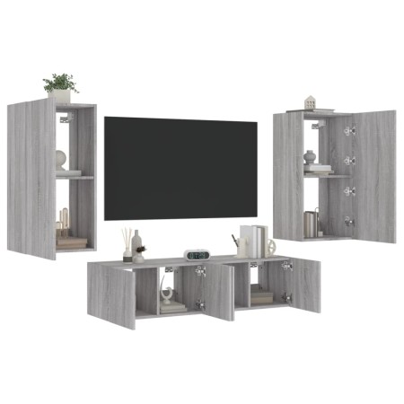 Muebles TV pared con LED 4 pzas madera ingeniería gris Sonoma de , Muebles TV - Ref: Foro24-3216851, Precio: 196,96 €, Descue...