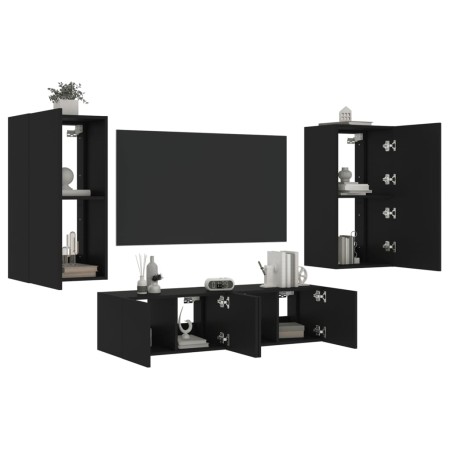 Wall TV cabinets with LED 4 pieces black engineered wood by , TV Furniture - Ref: Foro24-3216847, Price: 200,57 €, Discount: %