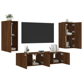 TV wall furniture with LED 4 pieces oak brown engineered wood by , TV Furniture - Ref: Foro24-3216845, Price: 173,65 €, Disco...