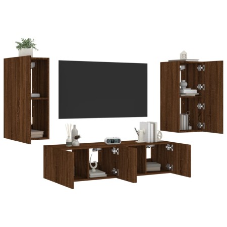 TV wall furniture with LED 4 pieces oak brown engineered wood by , TV Furniture - Ref: Foro24-3216845, Price: 173,86 €, Disco...