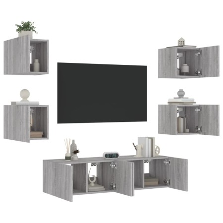 TV wall furniture with LED 6 pieces engineered wood gray Sonoma by , TV Furniture - Ref: Foro24-3216858, Price: 190,30 €, Dis...