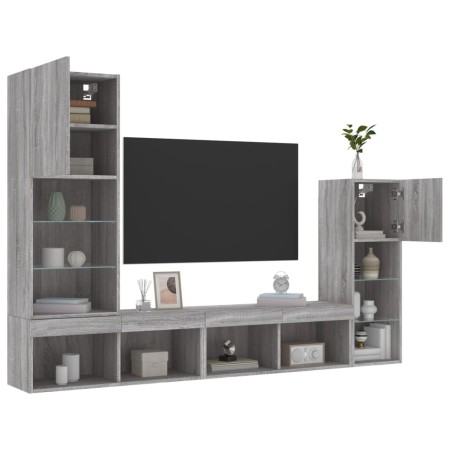 Muebles TV pared con LED 4 pzas madera ingeniería gris Sonoma de , Muebles TV - Ref: Foro24-3216652, Precio: 184,16 €, Descue...