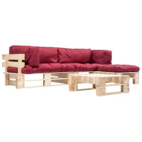 Garden pallet furniture with red cushions 4 pieces wood by , Garden sets - Ref: Foro24-277493, Price: 281,99 €, Discount: %