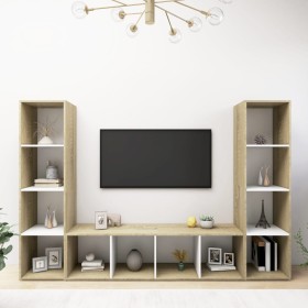 TV furniture 3 units white Sonoma oak chipboard 142.5x35x36.5cm by , TV Furniture - Ref: Foro24-3079957, Price: 167,26 €, Dis...