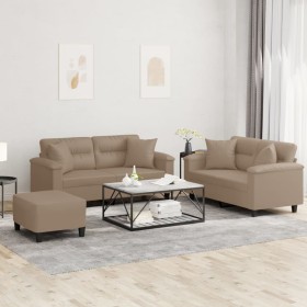 Cappuccino synthetic leather 3-piece sofa set with cushions by , Sofas - Ref: Foro24-3202381, Price: 570,99 €, Discount: %