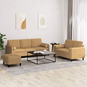 Brown velvet 3-piece sofa set with cushions by , Sofas - Ref: Foro24-3202051, Price: 571,99 €, Discount: %