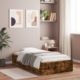 Smoked oak engineered wood bed with drawers 100x200 cm by , Beds and slatted bases - Ref: Foro24-3207291, Price: 150,99 €, Di...