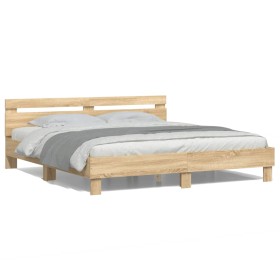 Sonoma oak bed frame with headboard and LED lights 200x200 cm by , Beds and slatted bases - Ref: Foro24-3207520, Price: 171,1...