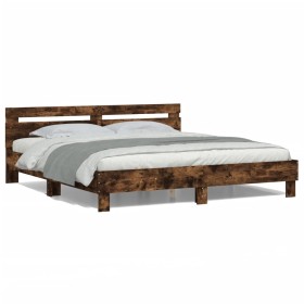 Estructura de cama cabecero y luces LED roble ahumado 200x200cm de , Camas y somieres - Ref: Foro24-3207522, Precio: 170,99 €...