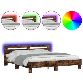 Smoked oak bed frame with headboard and LED lights 180x200cm by , Beds and slatted bases - Ref: Foro24-3207529, Price: 174,00...