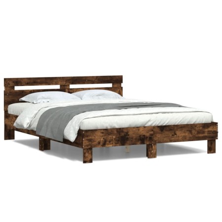 Bed frame headboard and LED lights smoked oak 150x200cm by , Beds and slatted bases - Ref: Foro24-3207543, Price: 151,01 €, D...