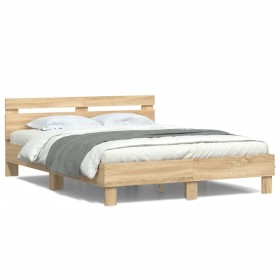 Sonoma oak bed frame with headboard and LED lights 140x200 cm by , Beds and slatted bases - Ref: Foro24-3207548, Price: 148,9...