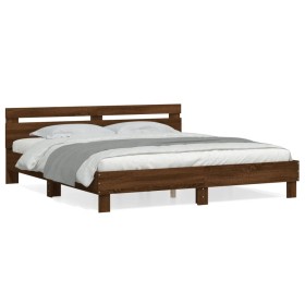 Oak brown engineered wood bed with headboard 160x200 cm by , Beds and slatted bases - Ref: Foro24-3207412, Price: 181,61 €, D...