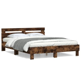 Smoked oak engineered wood bed with headboard 140x190 cm by , Beds and slatted bases - Ref: Foro24-3207438, Price: 157,99 €, ...