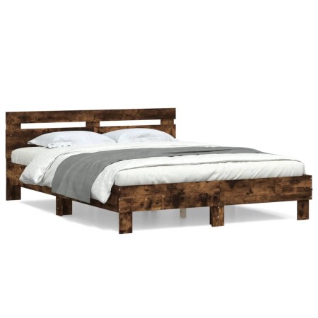 Smoked oak engineered wood bed with headboard 140x190 cm by , Beds and slatted bases - Ref: Foro24-3207438, Price: 153,28 €, ...