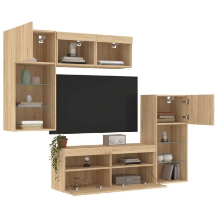 TV wall furniture with LED 5 pieces engineered wood Sonoma oak by , TV Furniture - Ref: Foro24-3216727, Price: 260,53 €, Disc...