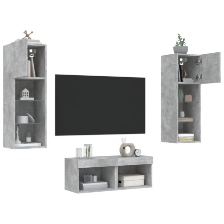 Wall TV cabinets with LED lights 4 pieces concrete gray by , TV Furniture - Ref: Foro24-3216579, Price: 133,02 €, Discount: %