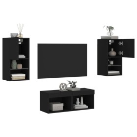 Wall TV cabinets with LED lights 4 pieces black by , TV Furniture - Ref: Foro24-3216570, Price: 121,97 €, Discount: %