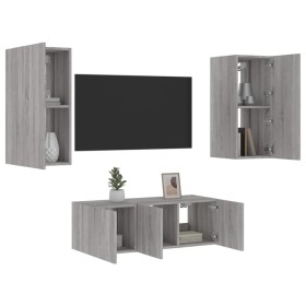 TV wall furniture with LED 4 pieces engineered wood gray Sonoma by , TV Furniture - Ref: Foro24-3216809, Price: 179,88 €, Dis...