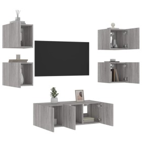 TV wall furniture with LED 6 pieces engineered wood gray Sonoma by , TV Furniture - Ref: Foro24-3216816, Price: 183,99 €, Dis...