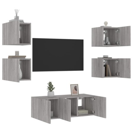 Muebles TV pared con LED 6 pzas madera ingeniería gris Sonoma de , Muebles TV - Ref: Foro24-3216816, Precio: 180,69 €, Descue...