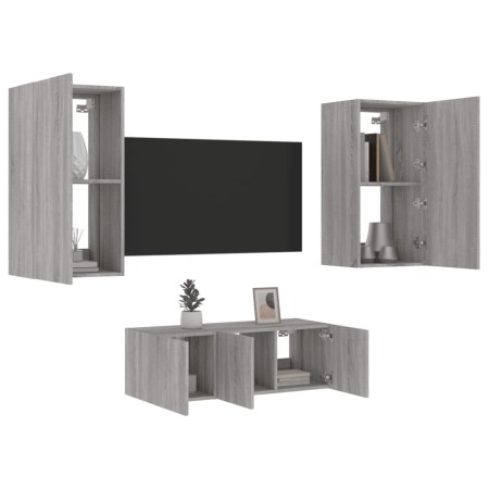 TV wall furniture with LED 4 pieces engineered wood gray Sonoma by , TV Furniture - Ref: Foro24-3216823, Price: 187,56 €, Dis...