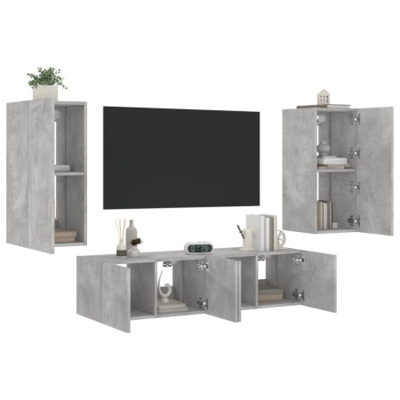 TV wall furniture with LED 4 pieces concrete gray engineered wood by , TV Furniture - Ref: Foro24-3216842, Price: 181,94 €, D...